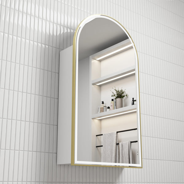 Aulic Canterbury Arch LED Matte White Shaving Cabinet With Brushed Gold Frame