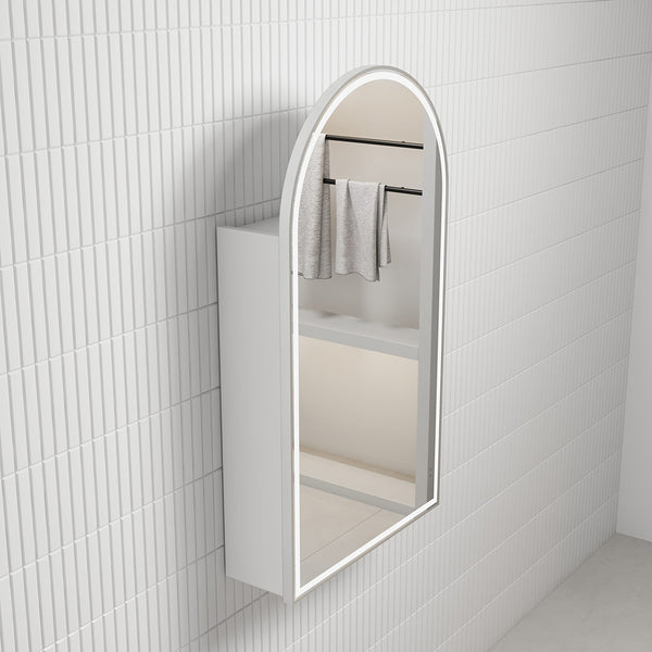 Aulic Canterbury Arch LED Matte White Shaving Cabinet With Brushed Nickel Frame