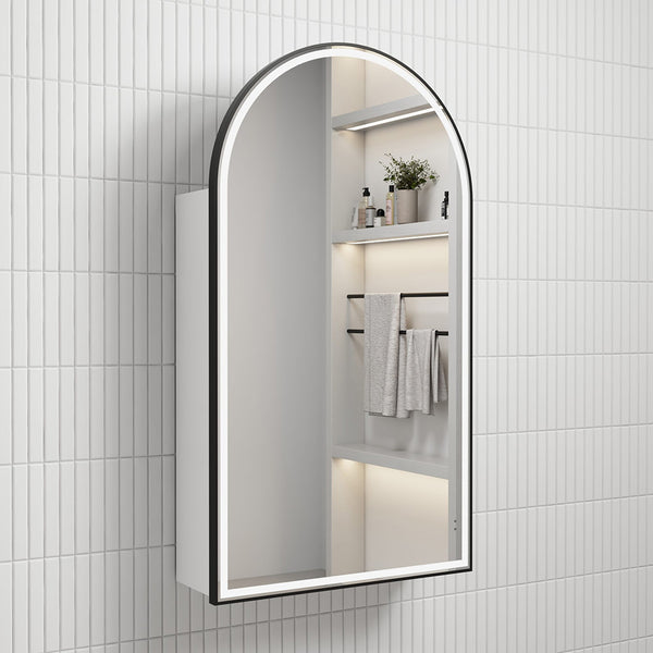 Aulic Canterbury Arch LED Matte White Shaving Cabinet With Matte Black Frame