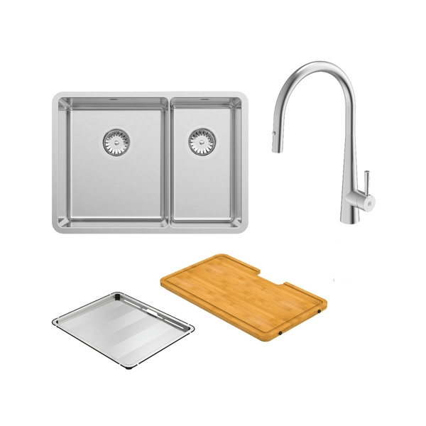 Abey Lucia Bowl And Three Quarter With Dual Spray Kitchen Mixer and Drain Tray and Cutting Board Stainless Steel