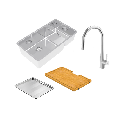 Abey Lucia Bowl And Three Quarter With Dual Spray Kitchen Mixer and Drain Tray and Cutting Board Stainless Steel