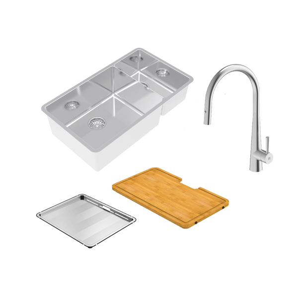 Abey Lucia Bowl And Three Quarter With Dual Spray Kitchen Mixer and Drain Tray and Cutting Board Stainless Steel