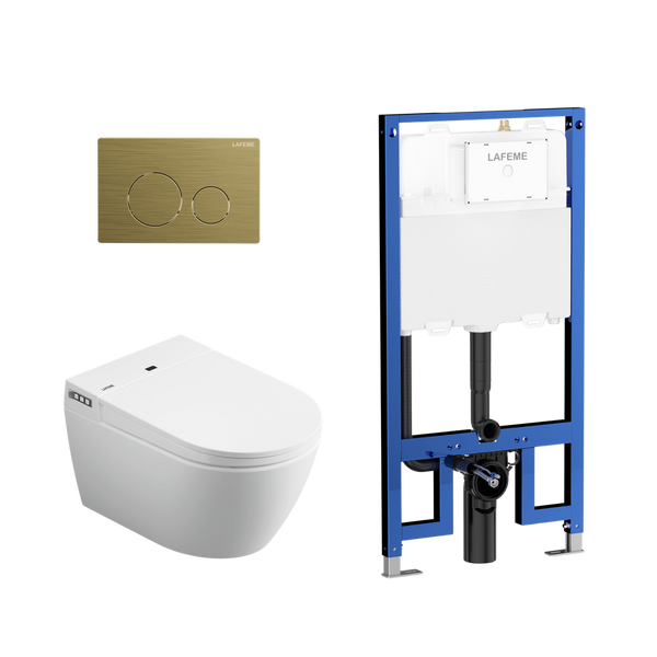 Lafeme Sesto Inwall Cistern Wall Hung Smart Toilet With Brushed Gold Flush Plate
