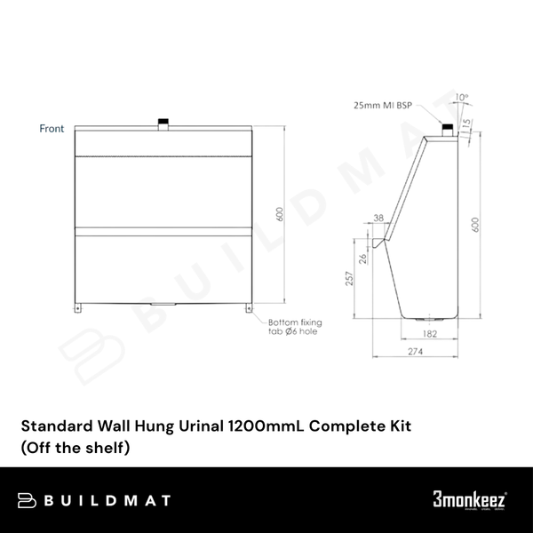 3monkeez Standard Wall Hung Urinal 1200mmL Complete Kit (Off the shelf)