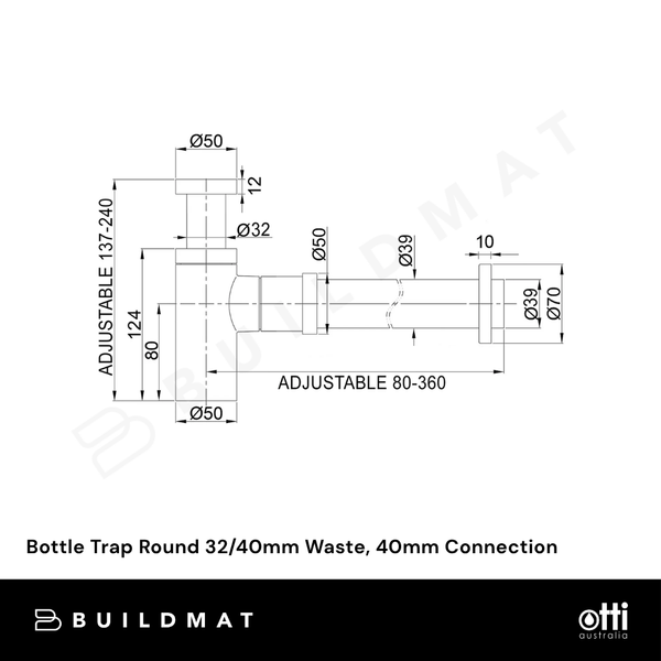Otti Bottle Trap Round 32/40mm Waste and 40mm Connection Brushed Gold