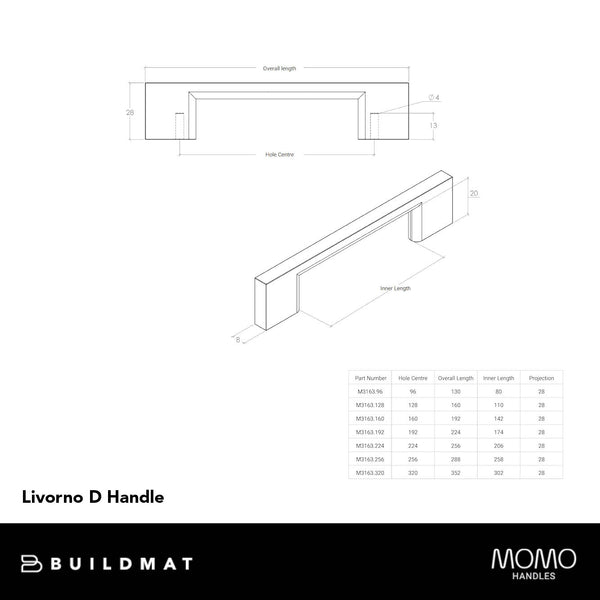 Momo Handles Livorno D Handle 128mm Brushed Matte Brass