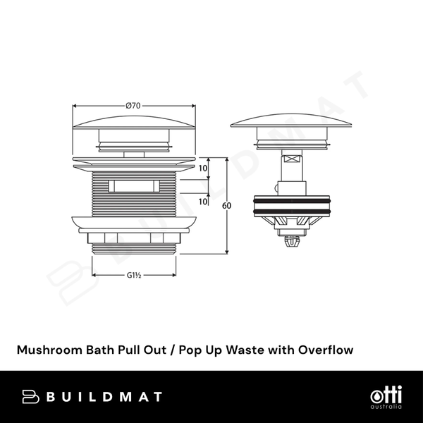 Otti Mushroom Bath Pull Out / Pop Up Waste with Overflow Matte Black
