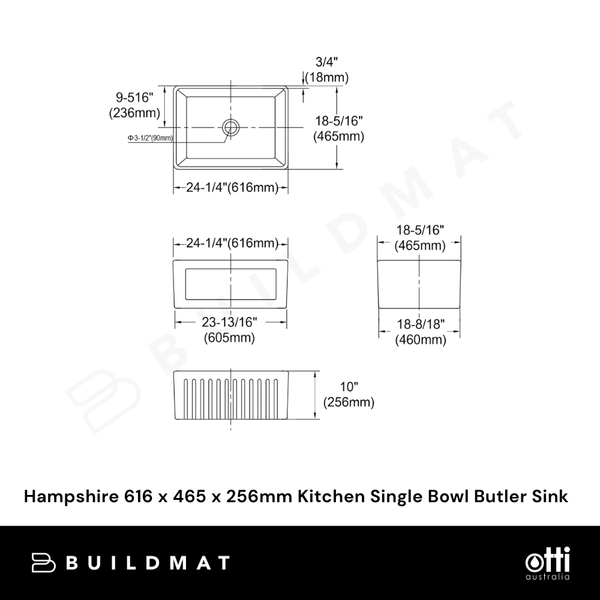 Otti Hampshire 616 x 465 x 256mm Kitchen Single Bowl Butler Sink White