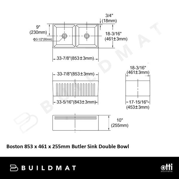 Otti Boston 853 x 461 x 255mm Butler Sink Double Bowl White