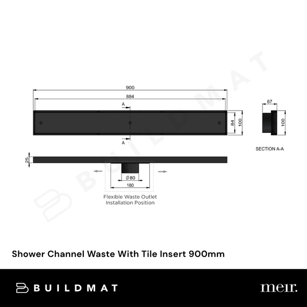 Meir Shower Channel Waste With Tile Insert 900mm Brushed Nickel