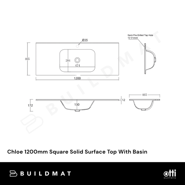 Otti Chloe 1200mm Square Solid Surface Top With Basin Silk Matte White
