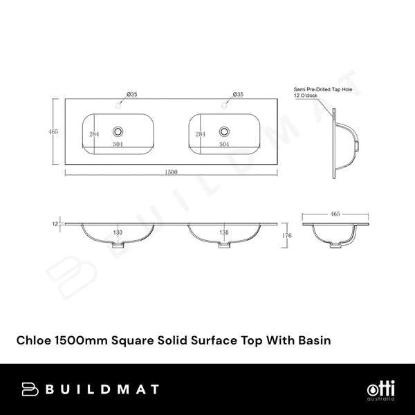 Otti Chloe 1500mm Square Solid Surface Top With Basin Silk Matte White