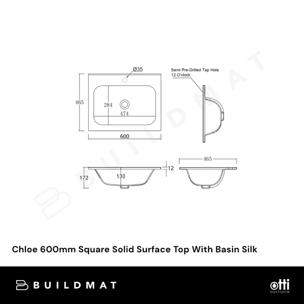 Otti Chloe 600mm Square Solid Surface Top With Basin Silk Matte White