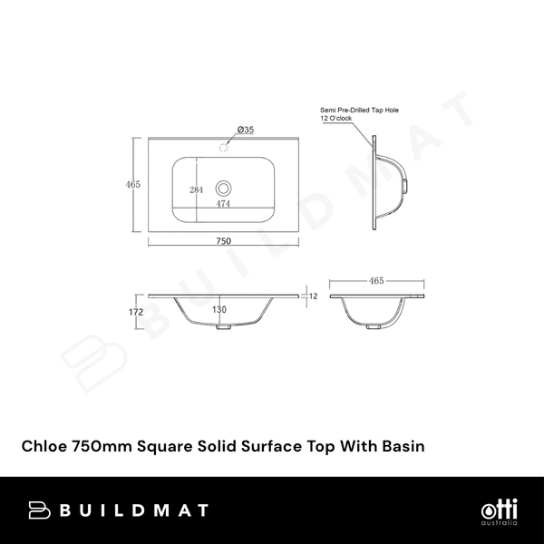 Otti Chloe 750mm Square Solid Surface Top With Basin Silk Matte White