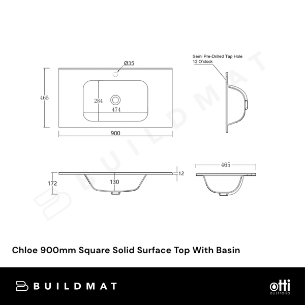 Otti Chloe 900mm Square Solid Surface Top With Basin Silk Matte White