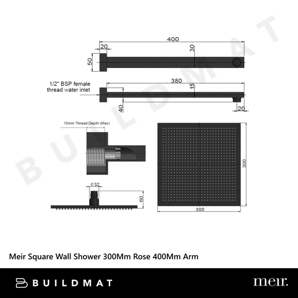 Meir Square Wall Shower 300mm Rose 400mm Arm Matte Black