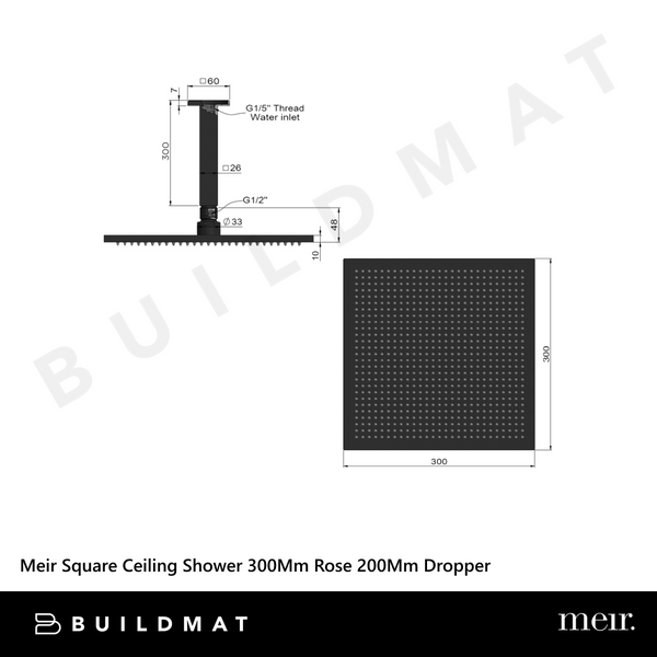 Meir Square Ceiling Shower 300mm Rose 200mm Dropper Matte Black