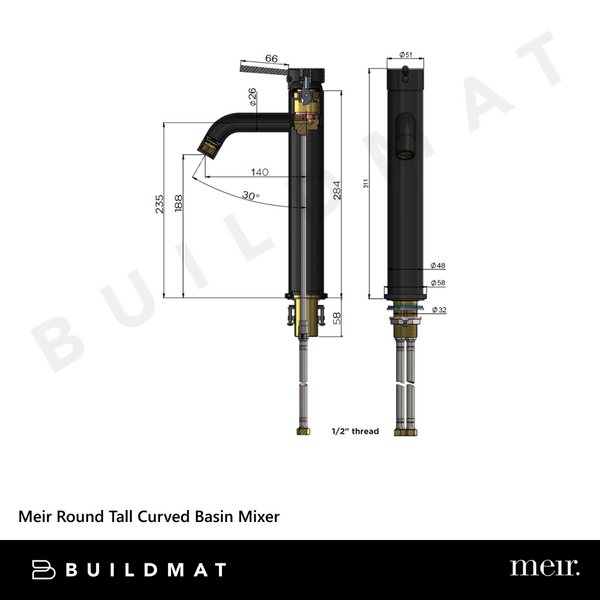 Meir Round Tall Curved Basin Mixer Champagne