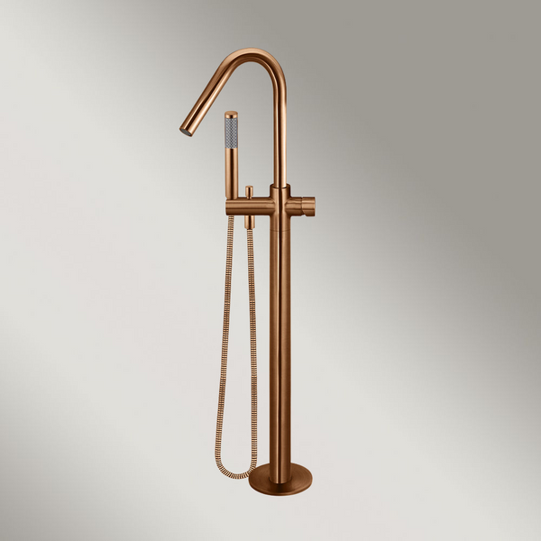 Meir Round Pinless Freestanding Bath Spout And Hand Shower Lustre Bronze