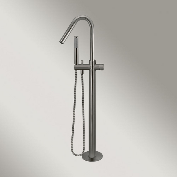 Meir Round Pinless Freestanding Bath Spout And Hand Shower Shadow Gunmetal