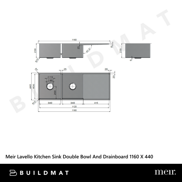 Meir Kitchen Sink Double Bowl And Drainboard 1160 X 440 Shadow Gunmetal