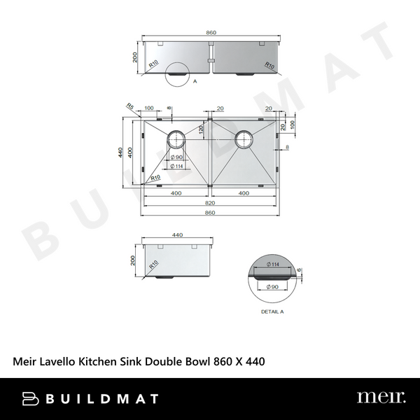 Meir Kitchen Sink Double Bowl 860 X 440 Brushed Nickel