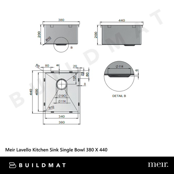 Meir Kitchen Sink Single Bowl 380 X 440 Brushed Nickel