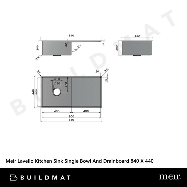 Meir Kitchen Sink Single Bowl And Drainboard 840 X 440 Brushed Nickel