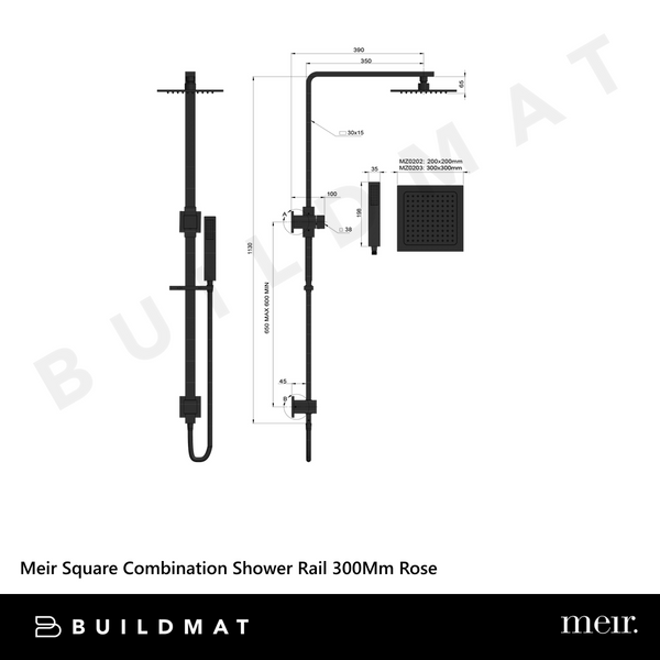 Meir Square Combination Shower Rail 300mm Rose Matte Black