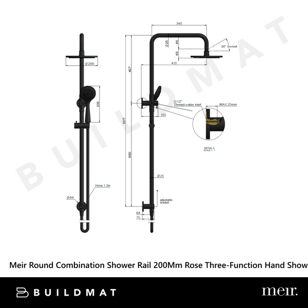 Meir Round Combination Shower Rail 200mm Rose Three-Function Hand Shower Matte Black