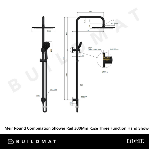 Meir Round Combination Shower Rail 300mm Rose Three Function Hand Shower Polished Chrome