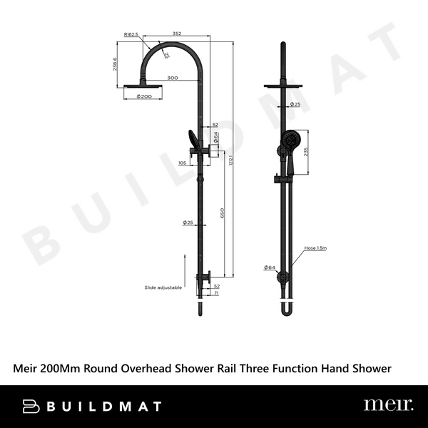 Meir 200mm Round Overhead Shower Rail Three Function Hand Shower Lustre Bronze