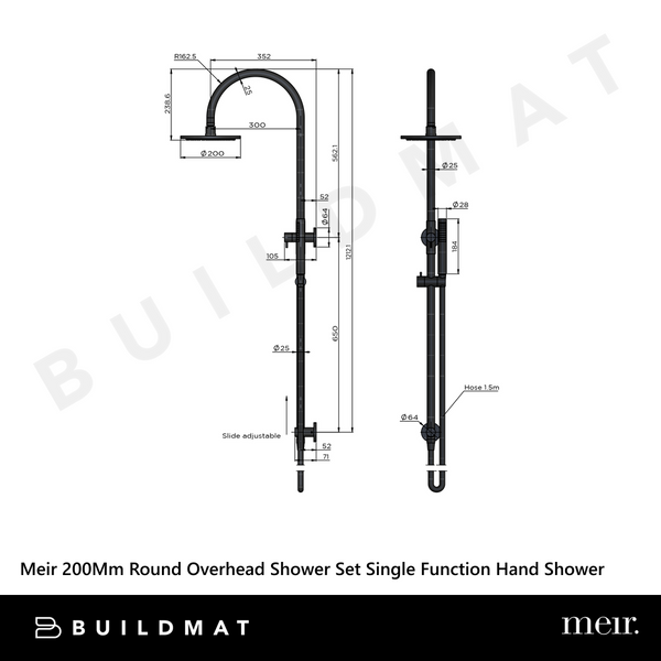 Meir 200mm Round Overhead Shower Set Single Function Hand Shower Shadow Gunmetal