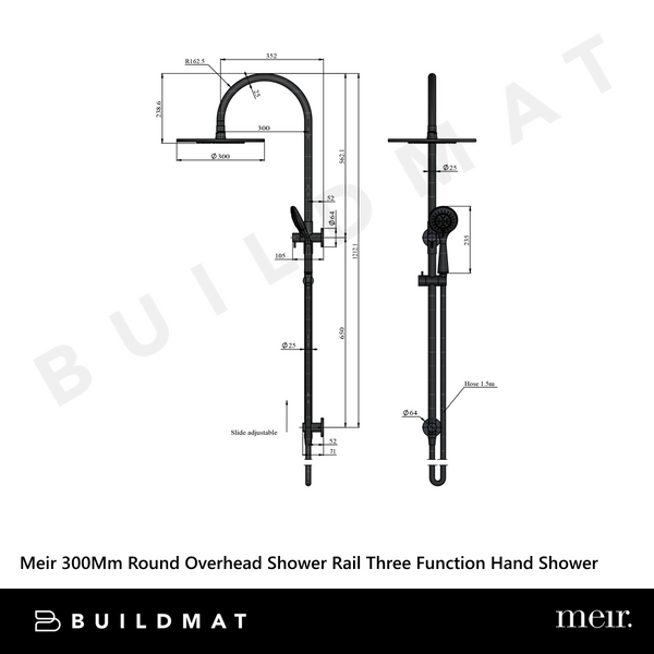 Meir 300mm Round Overhead Shower Rail Three Function Hand Shower Shadow Gunmetal