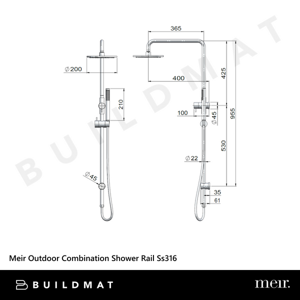Meir Outdoor Combination Shower Rail SS316 Stainless Steel