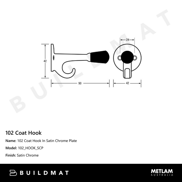 Metlam 102 Coat Hook In Satin Chrome Plate