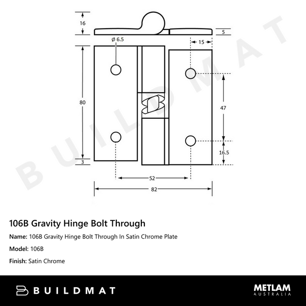 Metlam 106B Gravity Hinge Bolt Through In Satin Chrome Plate