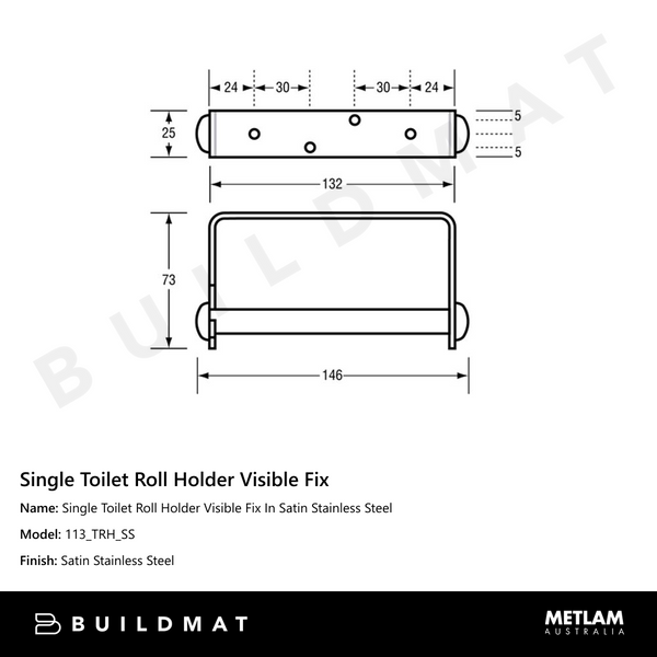 Metlam Single Toilet Roll Holder Visible Fix In Satin Stainless Steel