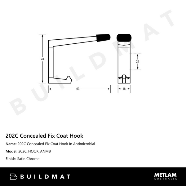 Metlam 202C Concealed Fix Coat Hook In Antimicrobial