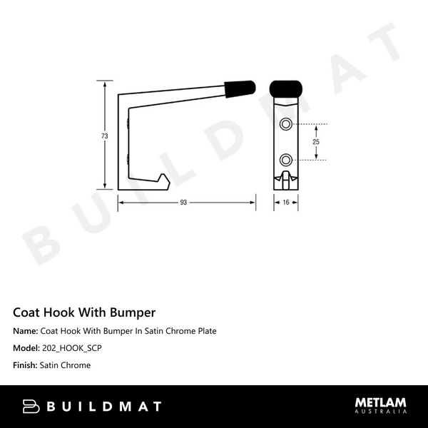 Metlam Coat Hook With Bumper In Satin Chrome Plate