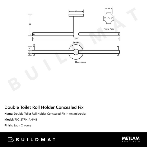 Metlam Double Toilet Roll Holder Concealed Fix In Antimicrobial