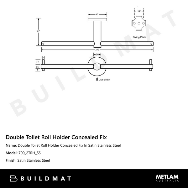 Metlam Double Toilet Roll Holder Concealed Fix In Satin Stainless Steel