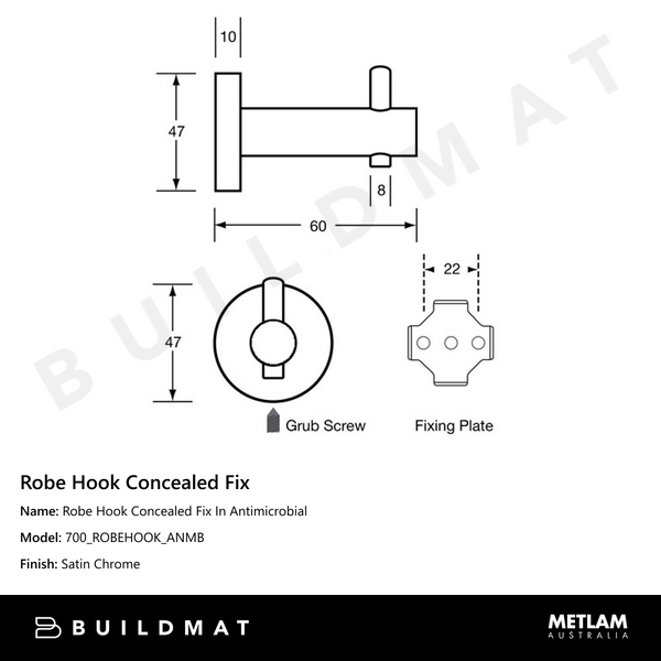Metlam Robe Hook Concealed Fix In Antimicrobial