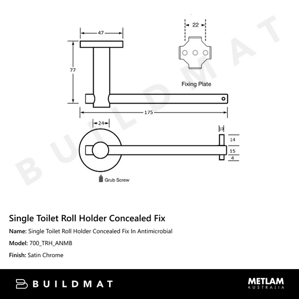 Metlam Single Toilet Roll Holder Concealed Fix In Antimicrobial