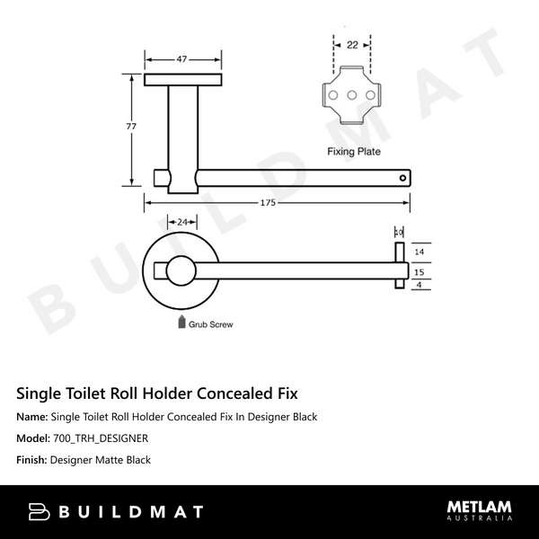 Metlam Single Toilet Roll Holder Concealed Fix In Designer Black