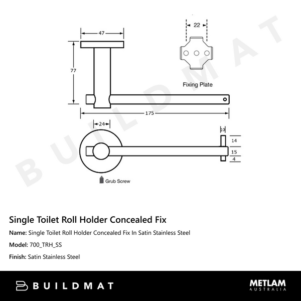 Metlam Single Toilet Roll Holder Concealed Fix In Satin Stainless Steel