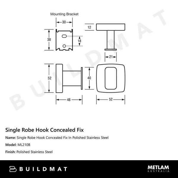 Metlam Single Robe Hook Concealed Fix In Polished Stainless Steel