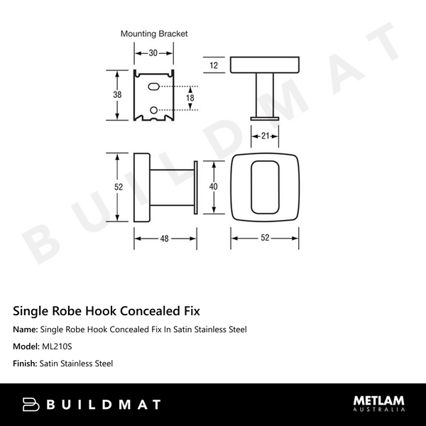 Metlam Single Robe Hook Concealed Fix In Satin Stainless Steel