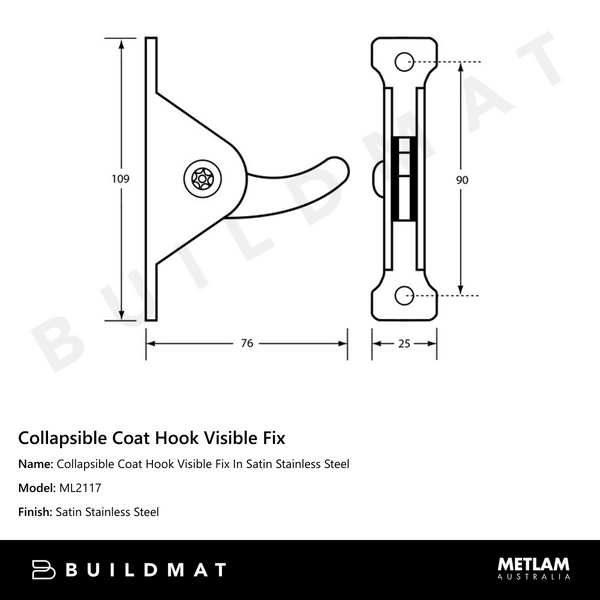 Metlam Collapsible Coat Hook Visible Fix In Satin Stainless Steel