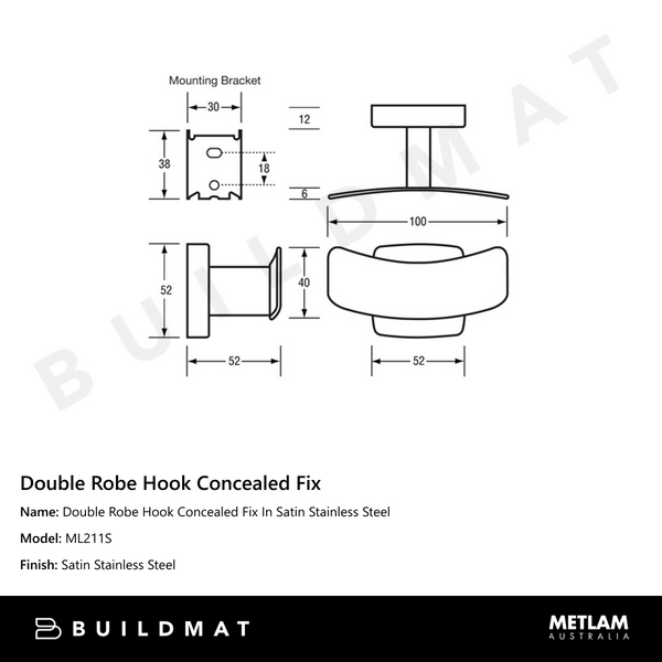 Metlam Double Robe Hook Concealed Fix In Satin Stainless Steel